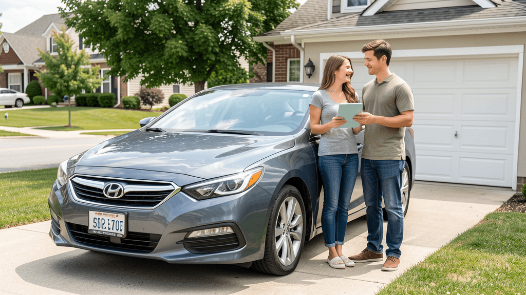 Un couple consulte son contrat d'assurance auto sur tablette devant sa voiture