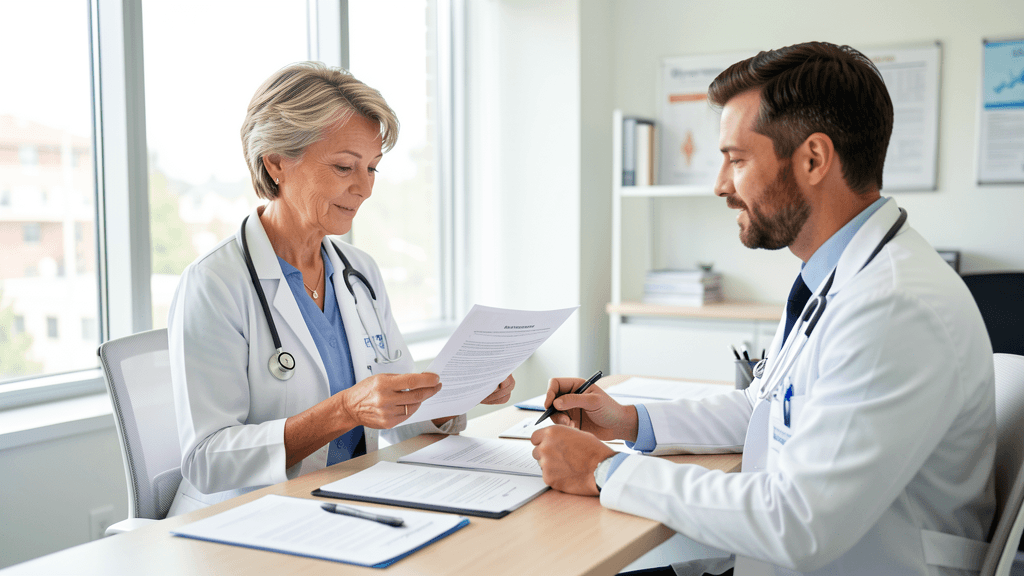 Une experte passe en revue un contrat d'assurance santé avec son client