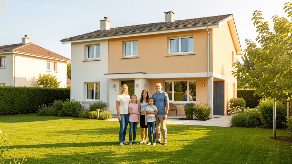 Une famille réunie devant sa maison moderne assurée