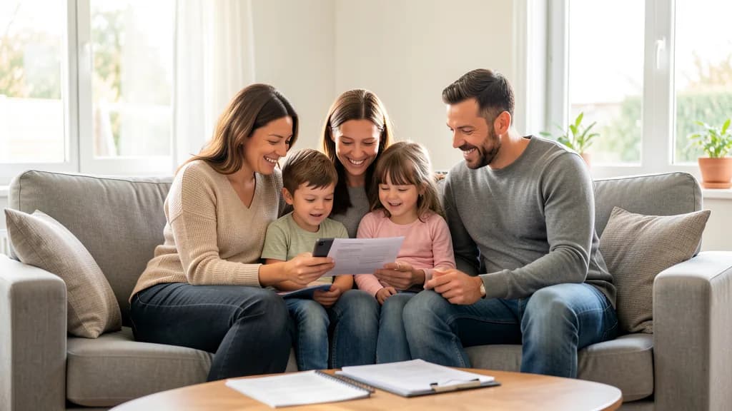 Une famille passe en revue ses documents d'assurance autour de la table de la cuisine