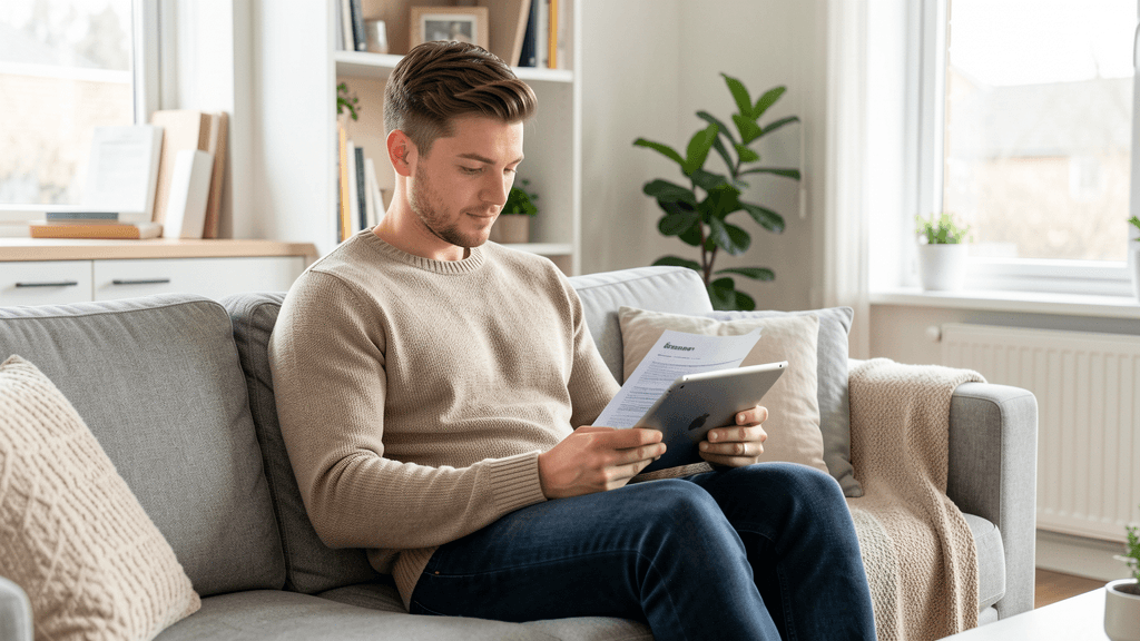 Un assuré lit sereinement son contrat d'assurance dans son salon, tablette en main